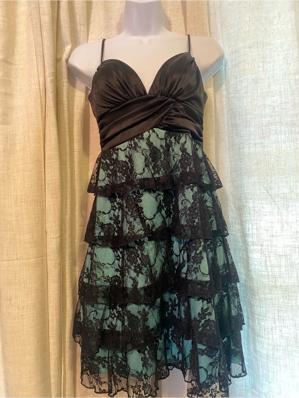 Vintage Y2K Xtraordinary Tiered Black Lace Teal Whimsigoth Party Mini Dress M - Picture 3 of 16